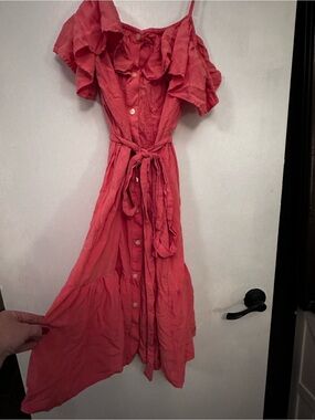 GAP Coral Off-Shoulder Ruffle Button-Front Maxi Dress